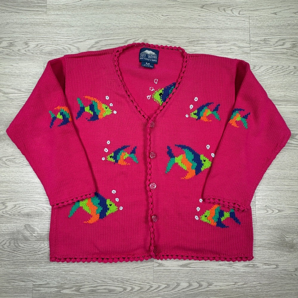 Rey Wear Women's Cardigan Sweater Pink Fish Hand Knitted Cotton Medium V-Neck